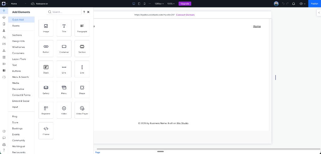 Blank site with Add Panel open by default (treatment)
