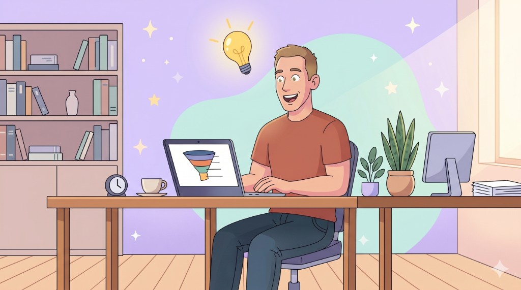 Rodi sees the funnel data with a lightbulb above his head
