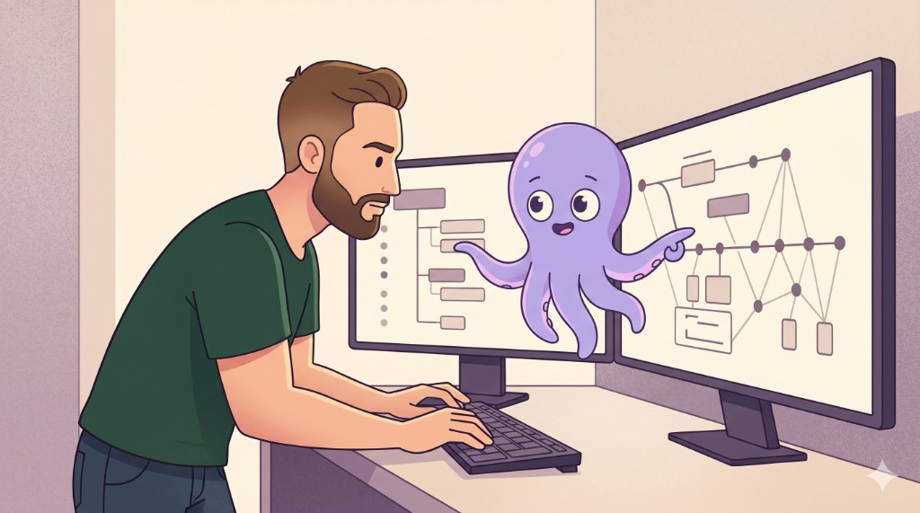 Eyal at a monitor with Octocode the friendly octopus exploring the repo