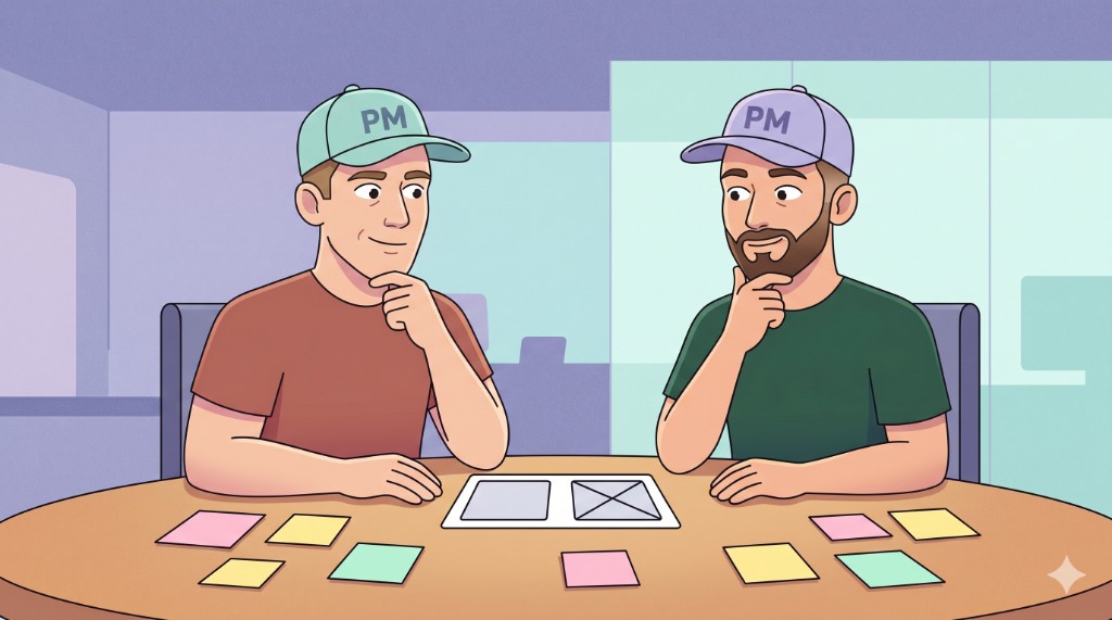 Rodi and Eyal wearing PM-labeled baseball caps, scoping the Blank vs Template question