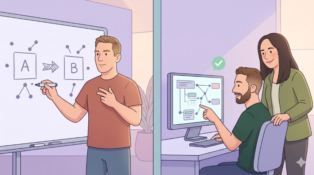 Split scene: Rodi sketches the A/B test plan on a whiteboard while Nohar reviews Eyal's code