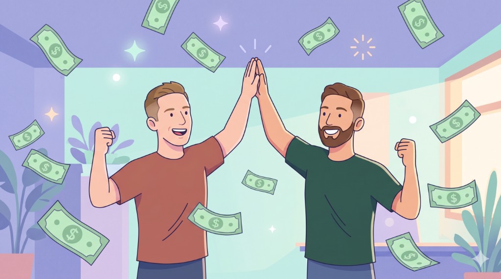 Rodi and Eyal celebrate launching the A/B test as cartoon dollar bills fly through the office