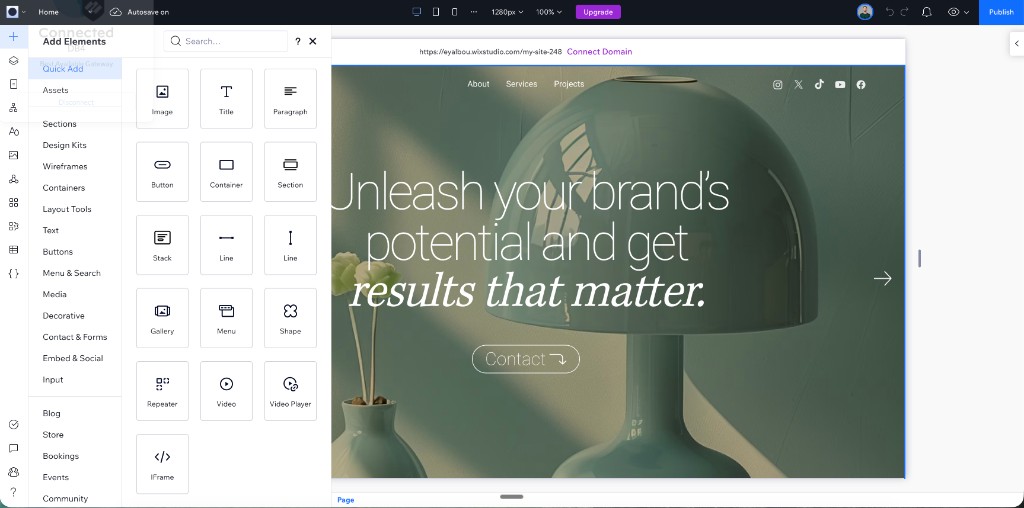 Portfolio template with the Add Panel covering the hero and CTA