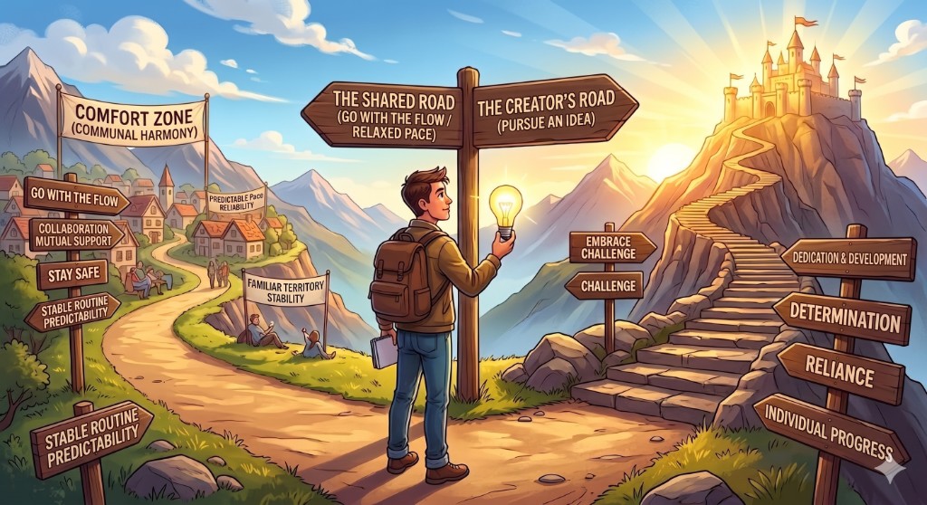 A creator at a crossroads, choosing between the comfort zone and the road to pursue an idea, with a castle on the mountain ahead